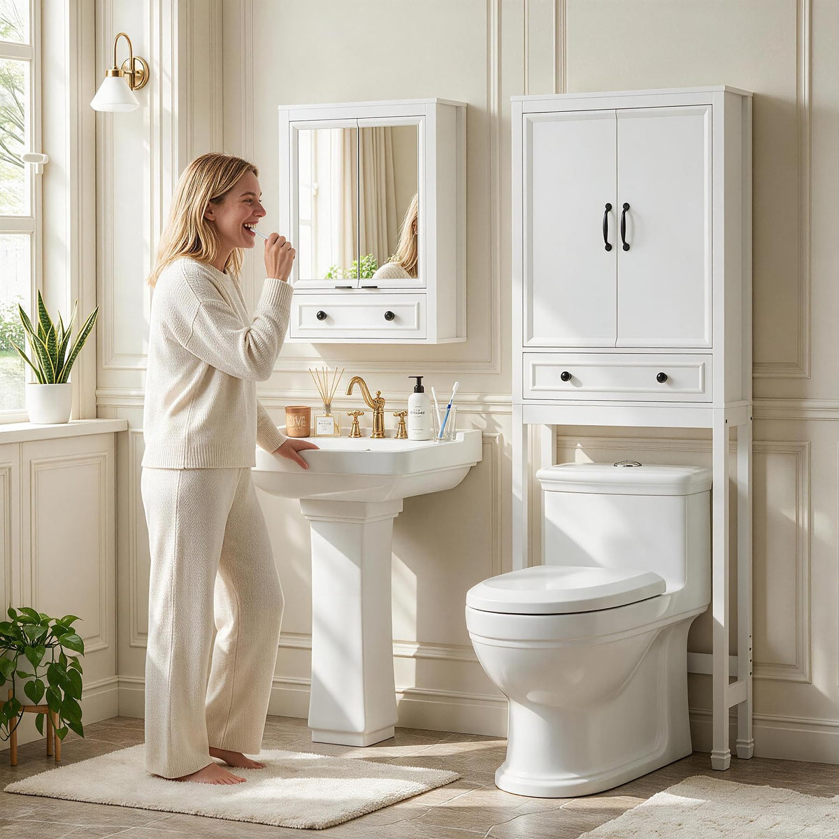 White Over the Toilet Storage Cabinet with Doors N60911