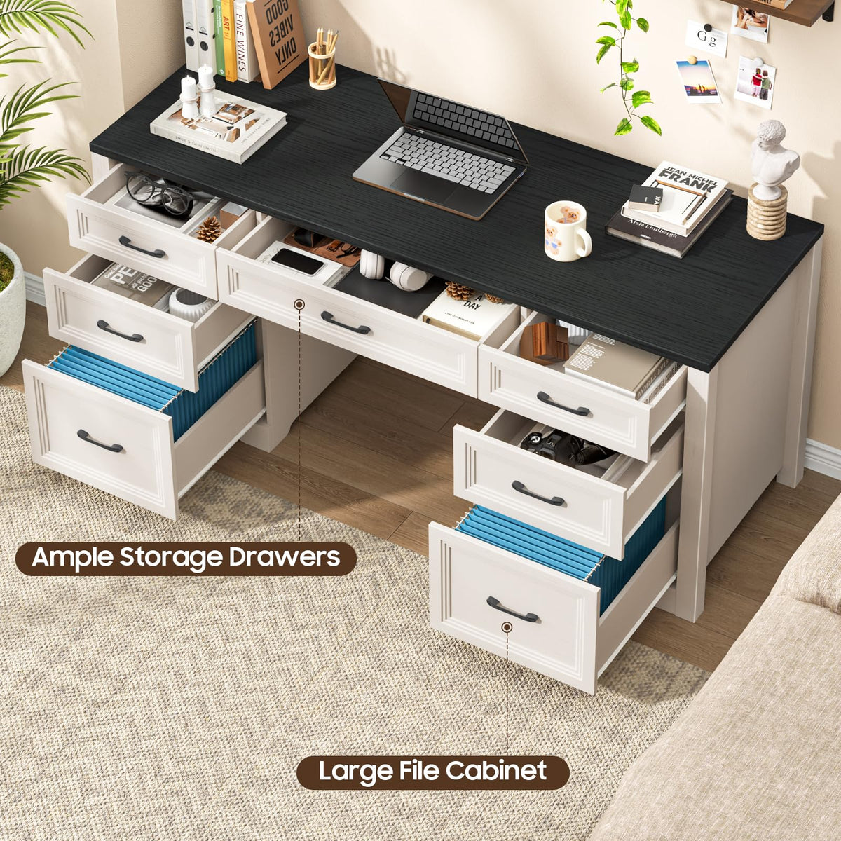 Black Wood Executive Desk with 2 File Drawers and 5 Storage Cabinets C4720