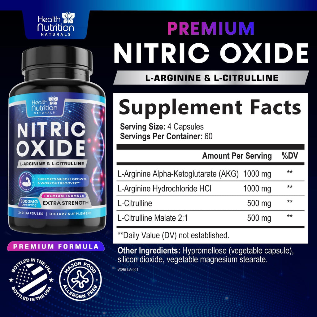 3000mg L-Arginine & L-Citrulline Nitric Oxide Supplement 240 Capsules Y342