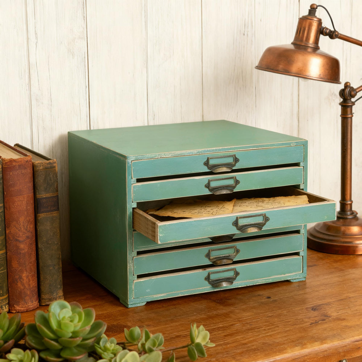 Vintage Wooden Storage Box with 6 Drawers Desktop Organizer Cabinet P982176