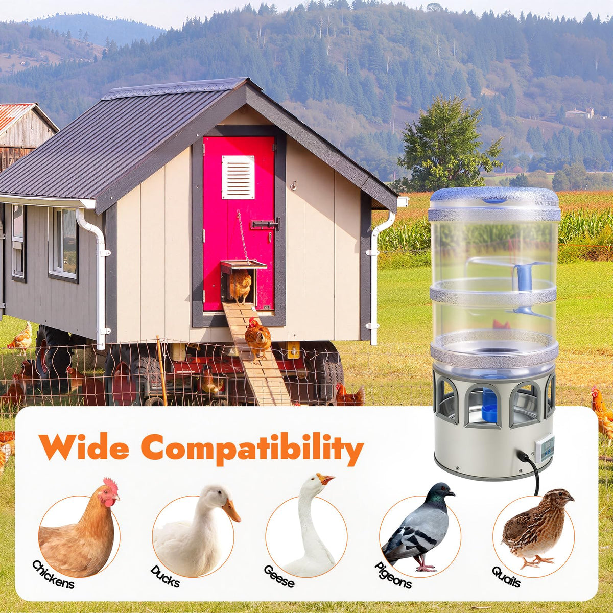5 Gal Heated Chicken Waterer 80W Adjustable Temperature D274892
