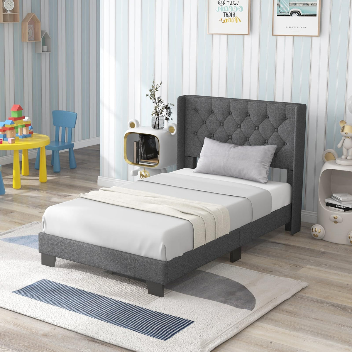 Twin Fabric Upholstered Platform Bed with Wingback Button Tufted Headboard Y923