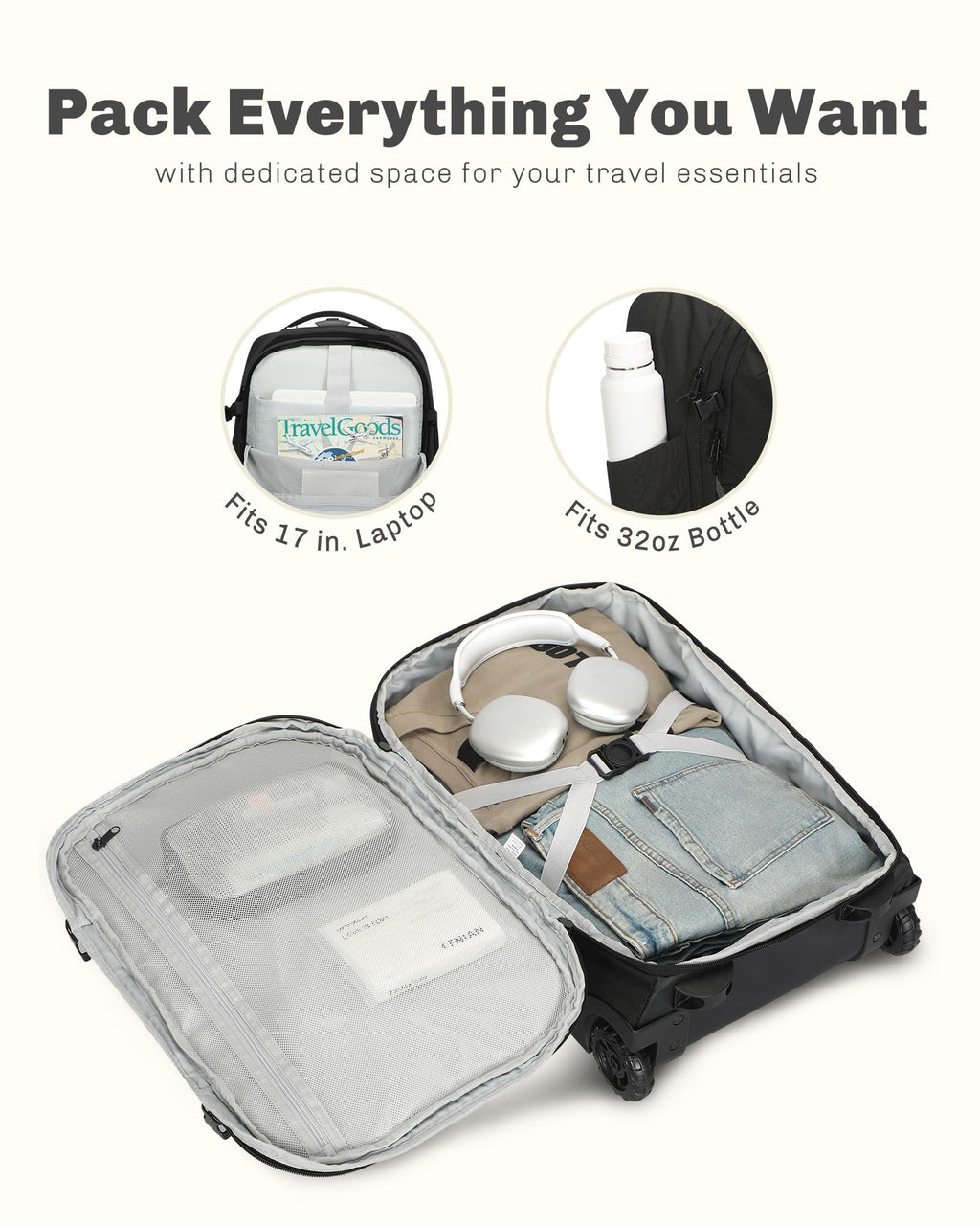 Rolling Backpack with Wheels 43L with Waist Pack Black X6105