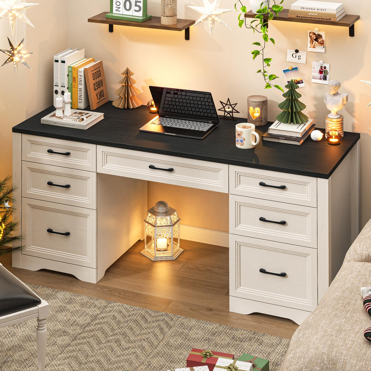 Black Wood Executive Desk with 2 File Drawers and 5 Storage Cabinets C4720