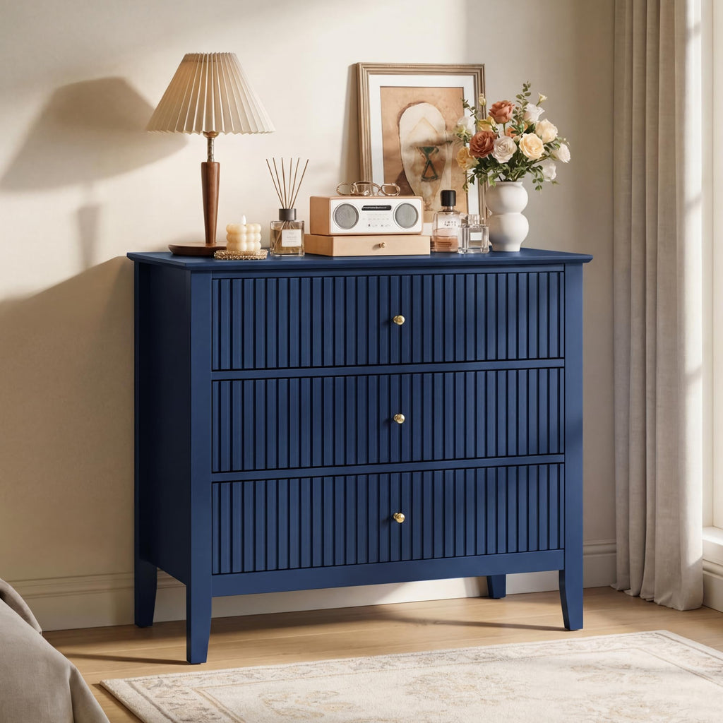 32" Blue 3 Drawer Wood Nightstand E7154