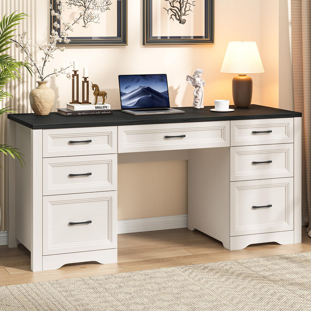 Black Wood Executive Desk with 2 File Drawers and 5 Storage Cabinets C4720