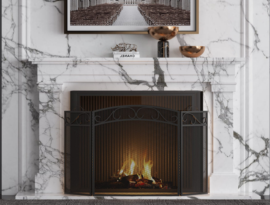 Black 3 Panel Wrought Iron Fireplace Screen T51528