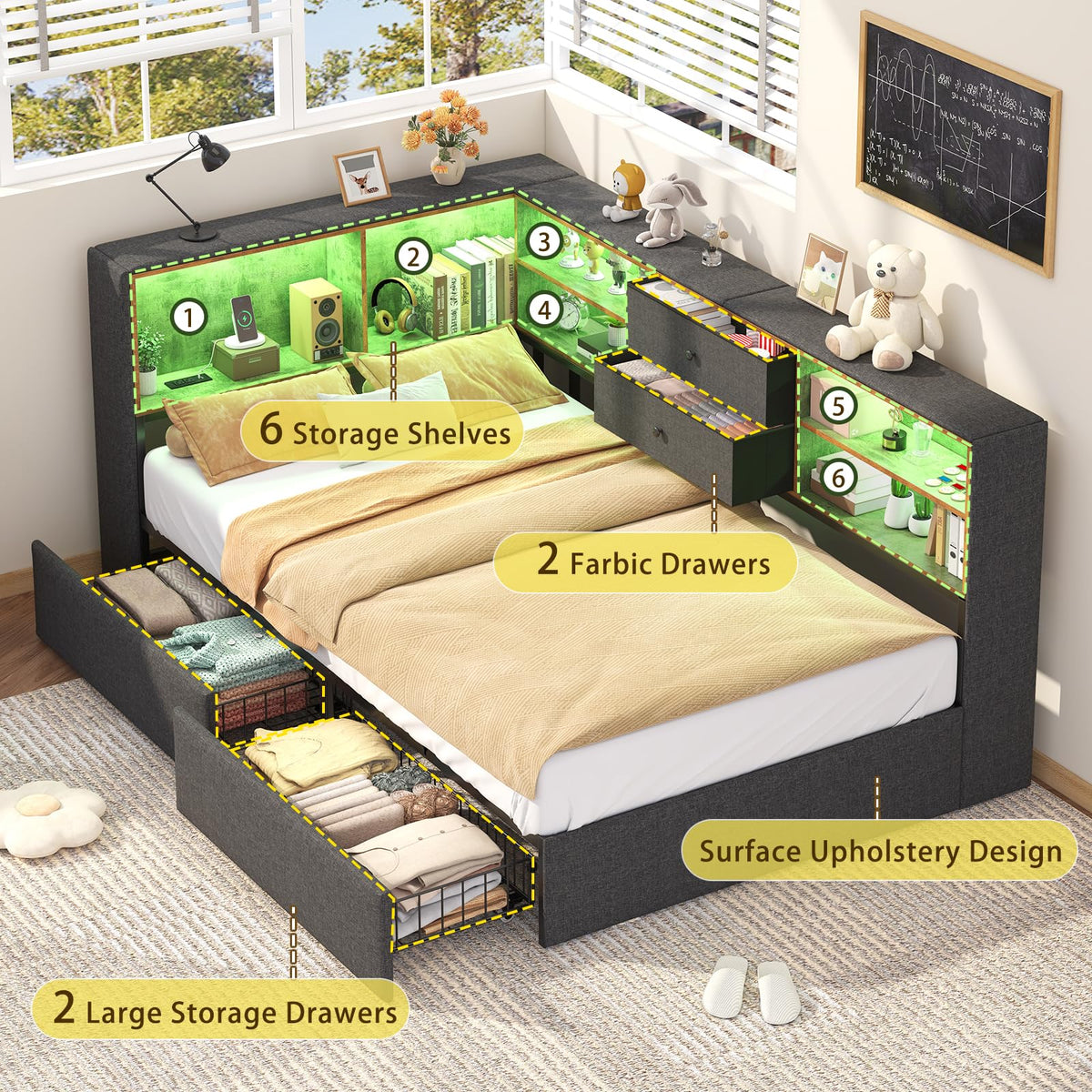 Twin Corner Bed Frame with Storage Drawers S686022