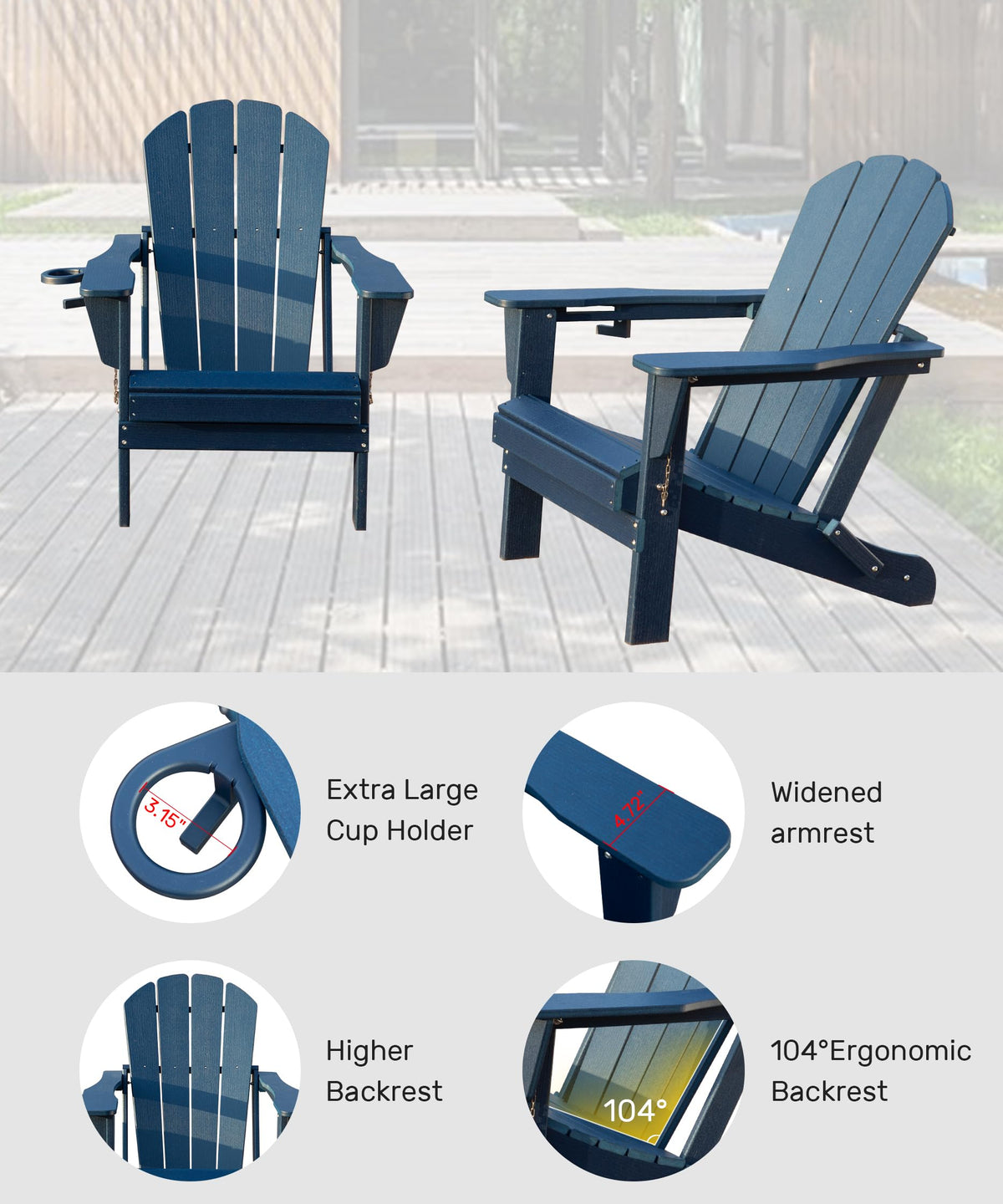 Folding Adirondack Chairs Set of 2 HDPE with Cup Holder Dark Blue R8093