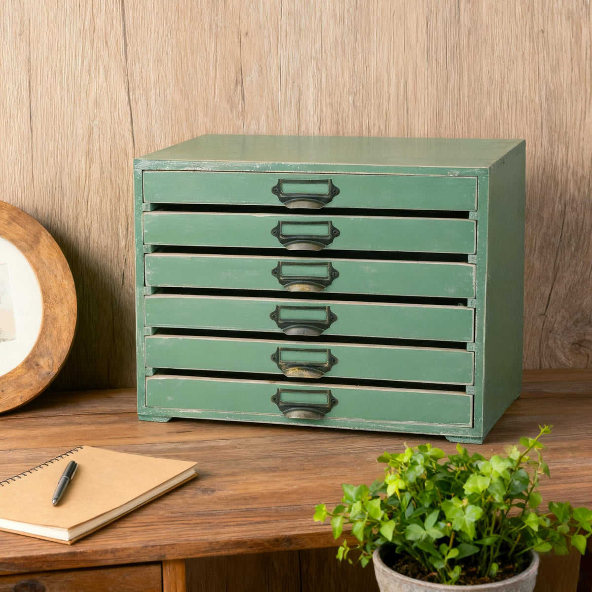 Vintage Wooden Storage Box with 6 Drawers Desktop Organizer Cabinet P982176