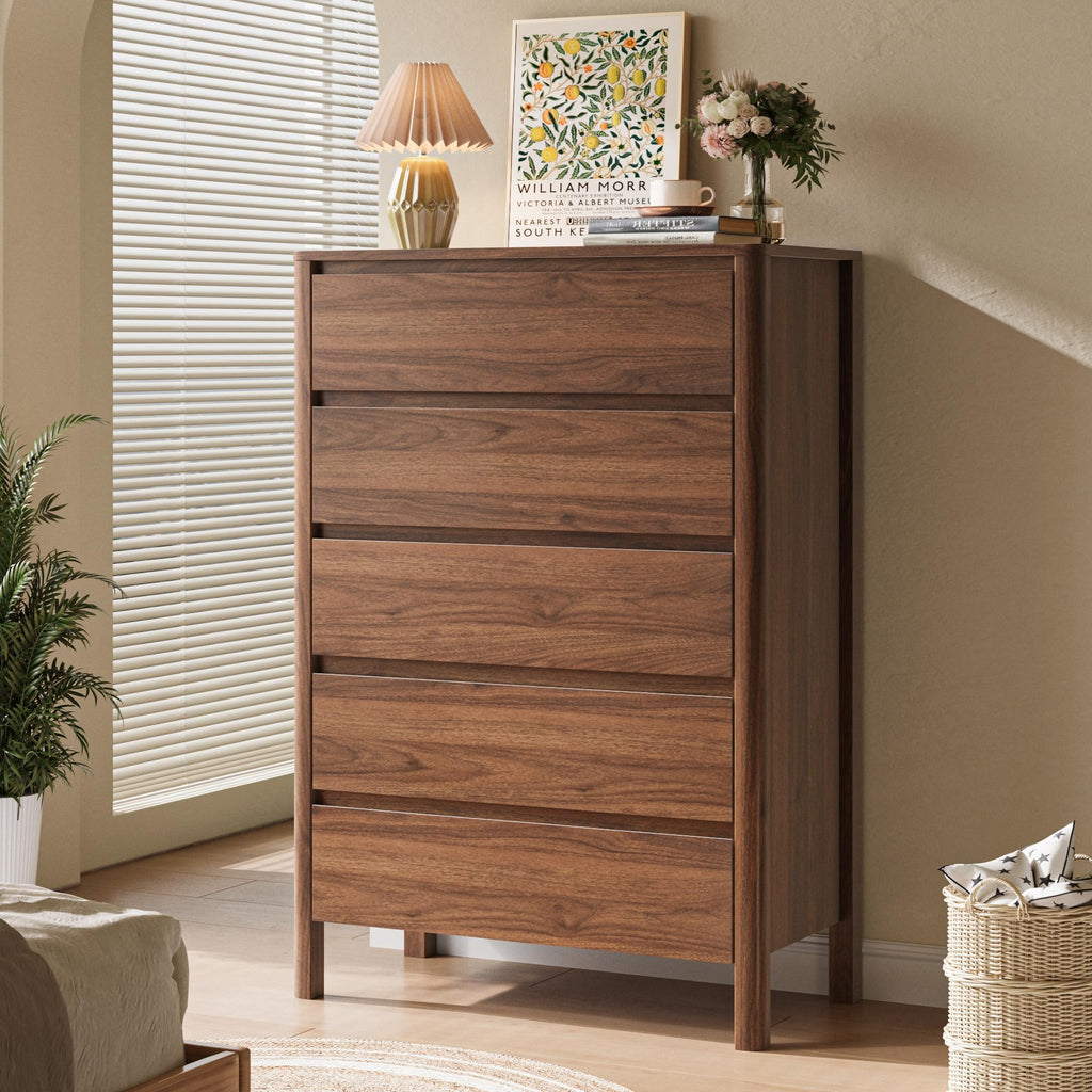 Walnut 5 Drawer Wood Dresser R114