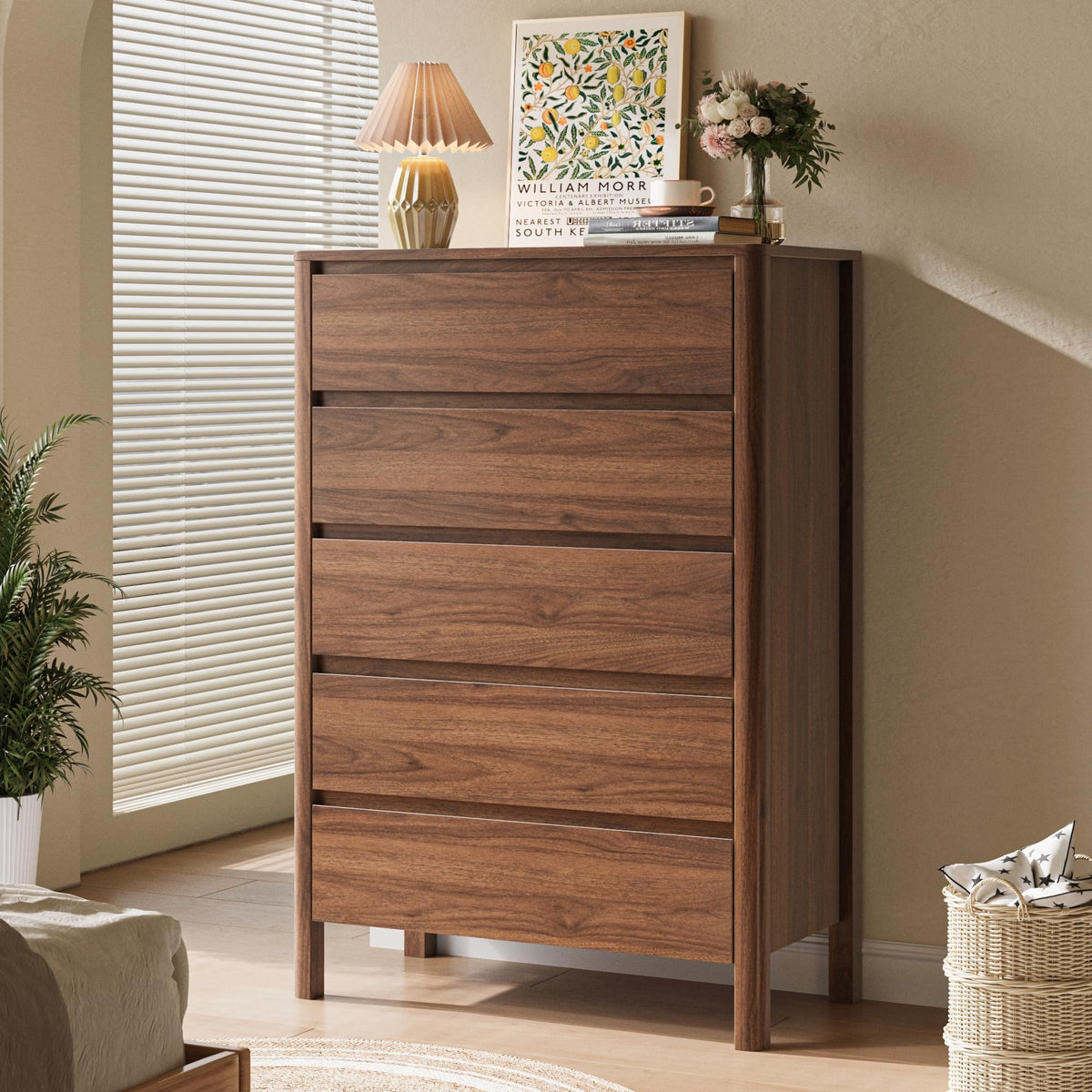 Walnut 5 Drawer Wood Dresser R114