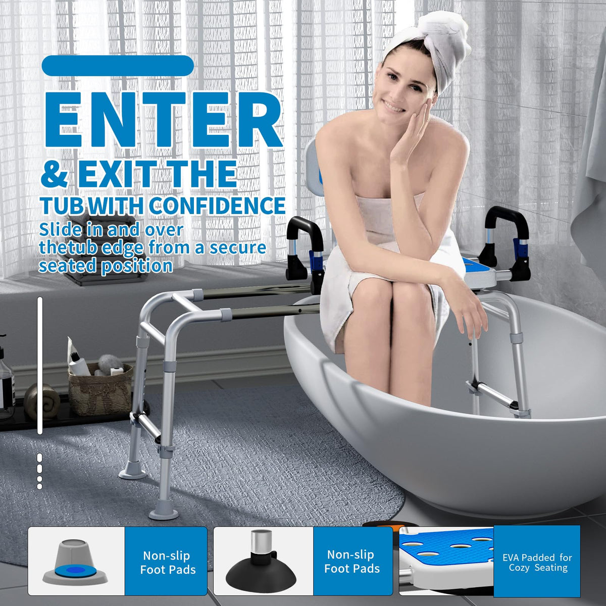 Sliding Shower Chair with Arms and Back, 500lbs Non Slip Aluminum Adjustable Height V47930
