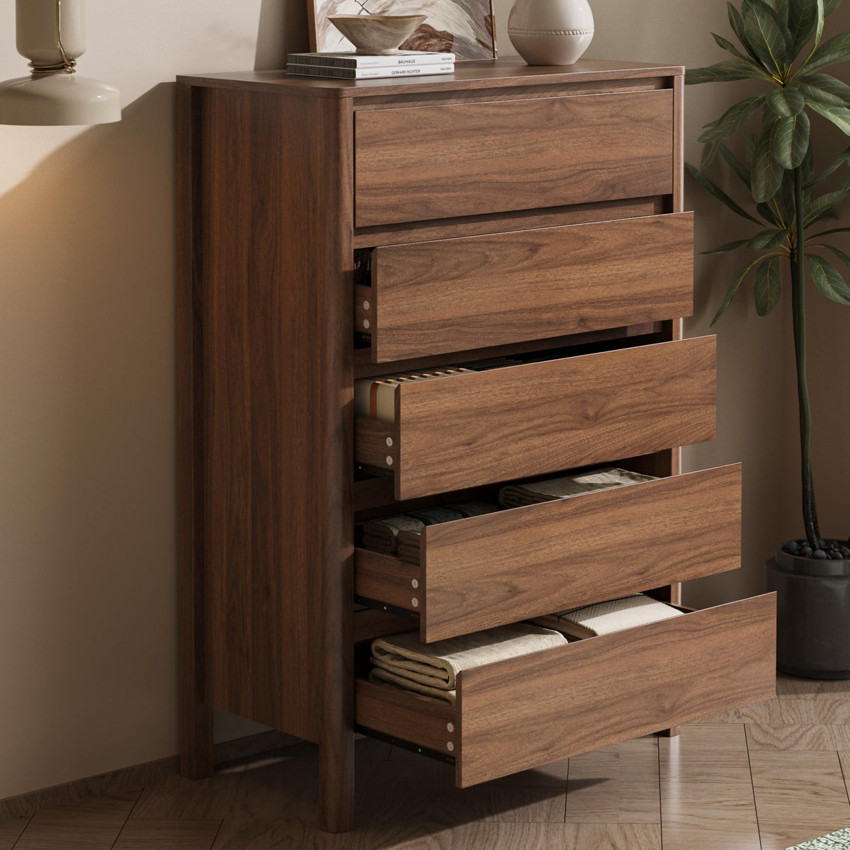 Walnut 5 Drawer Wood Dresser R114
