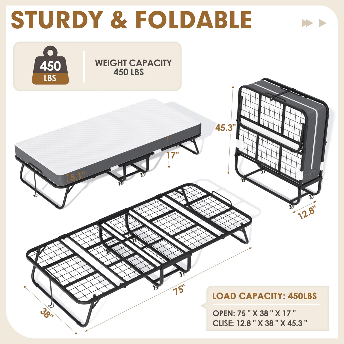 Folding Bed with Mattress Twin 75" x 38" R17833