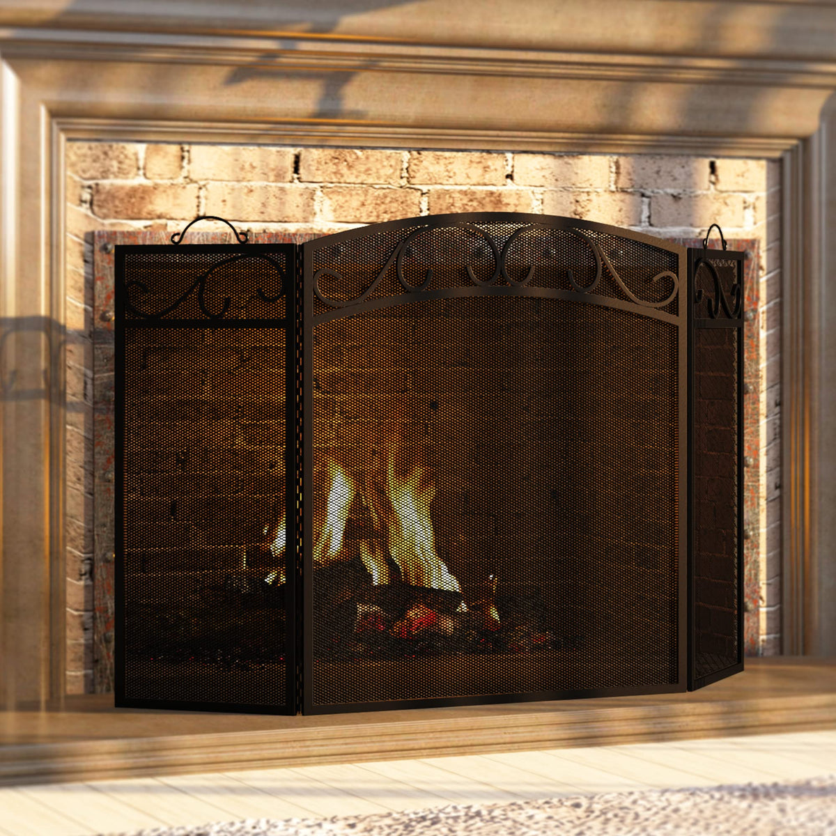 Black 3 Panel Wrought Iron Fireplace Screen T51528