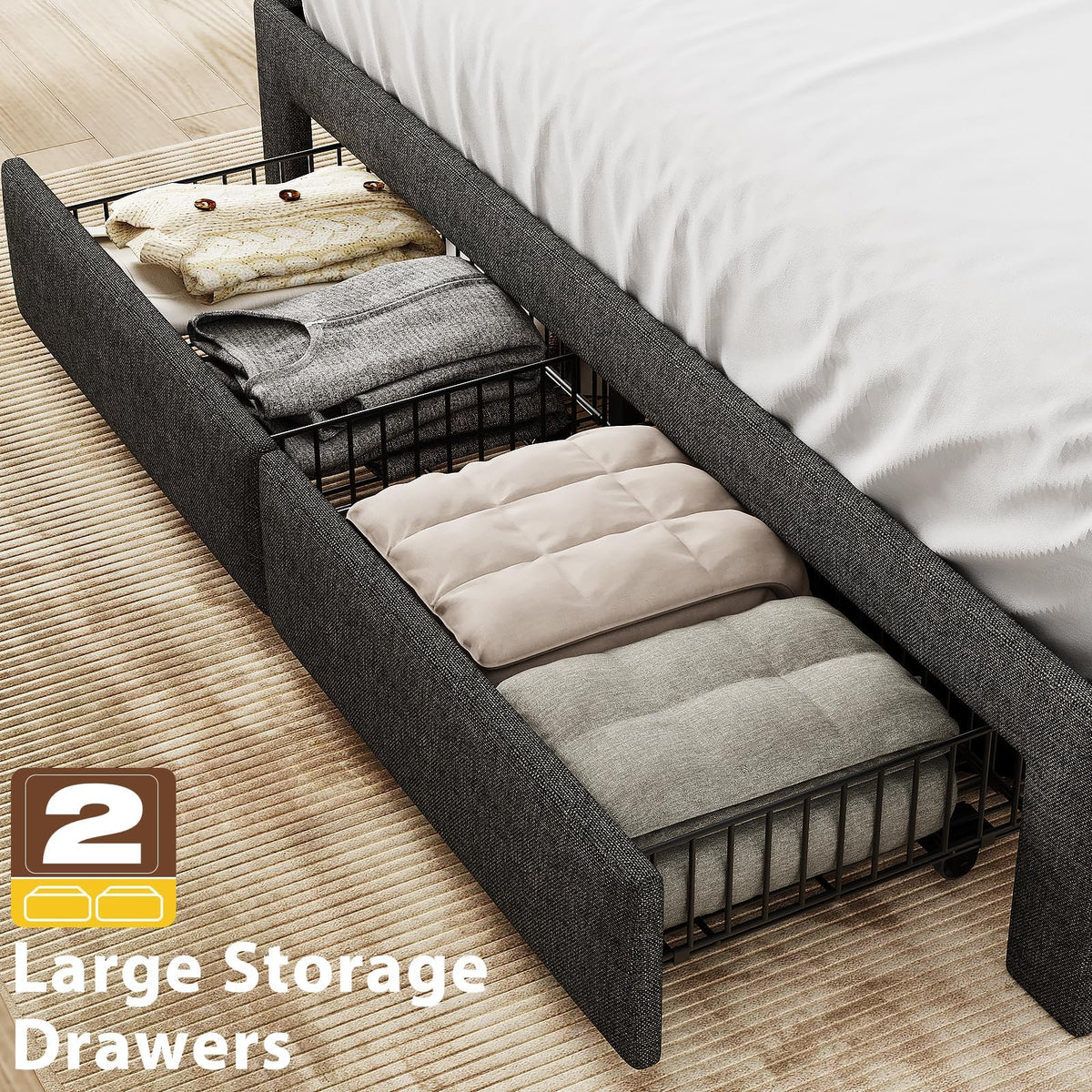 Queen Bed Frame with 2 Storage Drawers and Upholstered Headboard Q125