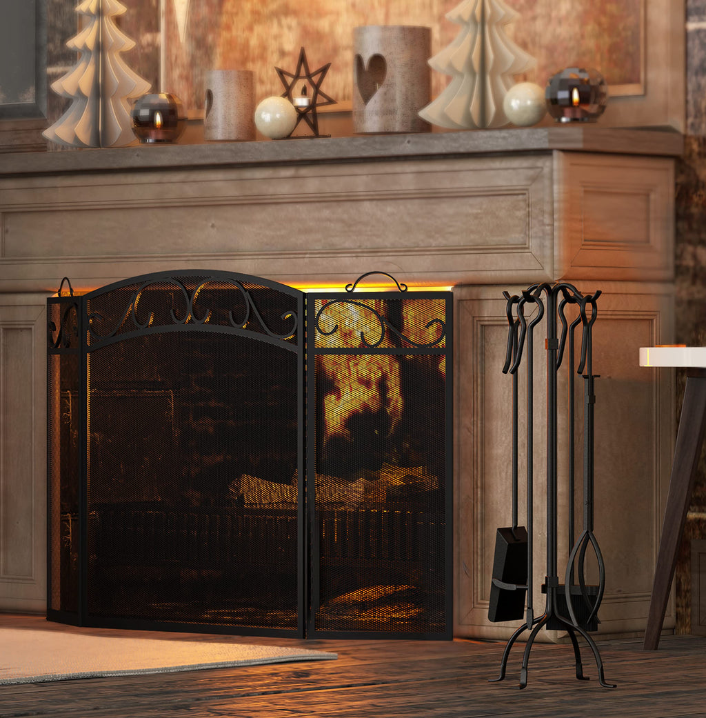 Black 3 Panel Wrought Iron Fireplace Screen T51528