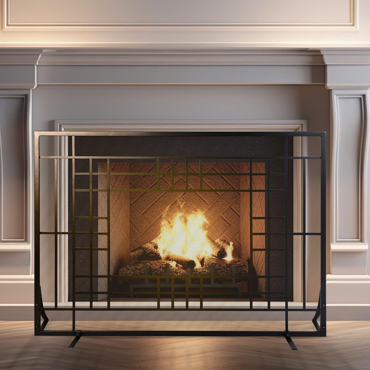Single Panel Fireplace Screen with Mesh Spark Guard W2535