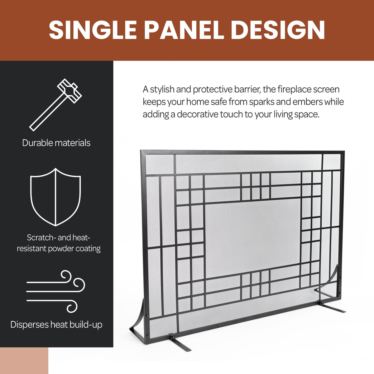 Single Panel Fireplace Screen with Mesh Spark Guard W2535