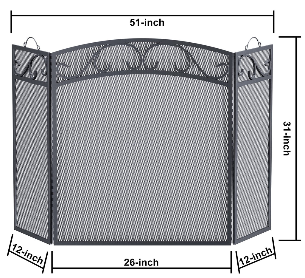 Black 3 Panel Wrought Iron Fireplace Screen T51528